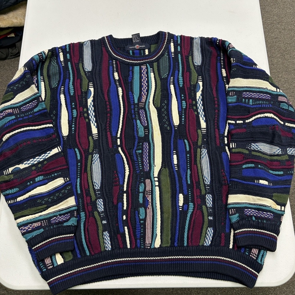 Cotton Traders Sweater Mens XL Multi Color 3D Textured Knit 90s Style Crewneck